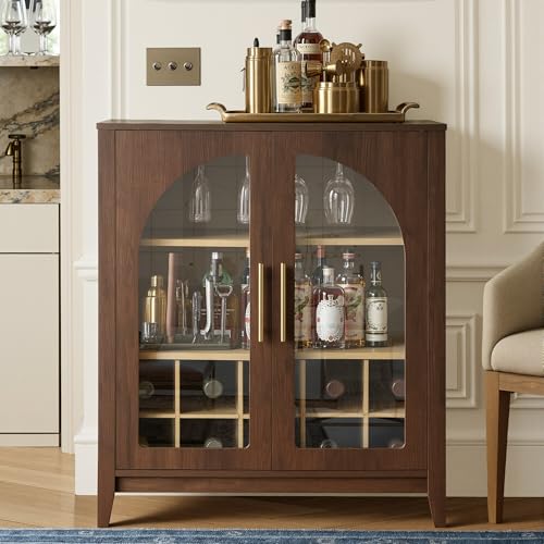 FORTUNETEC Wine Bar Cabinet with Glass Doors, 31.5" Liquor Cabinet with Wine and Glass Rack, Mid Century Modern Sideboard Buffet Cabinet with Storage for Living Room Kitchen Dining Room, Walnut