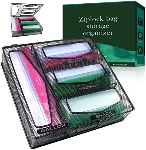 FLRUL Black Mesh Steel Kitchen Ziplock Bag Slider Bag Organizer, Flip-High Lid Meals Storage Baggage Dispenser Holder for Pantry Drawer, Suitable with Ziploc Model for Gallon Quart Sandwich Snack Baggage