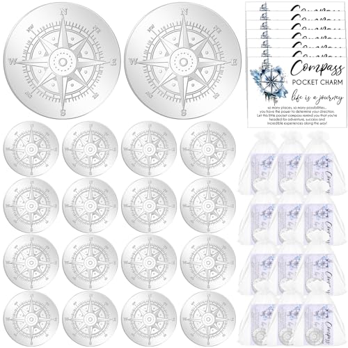 Beeveer 50 Sets Compass Pocket Tokens with Cards and Organza Bags – Motivational Graduation Gift for Students and Friends, Alloy Round Compass with Life is a Journey Quote