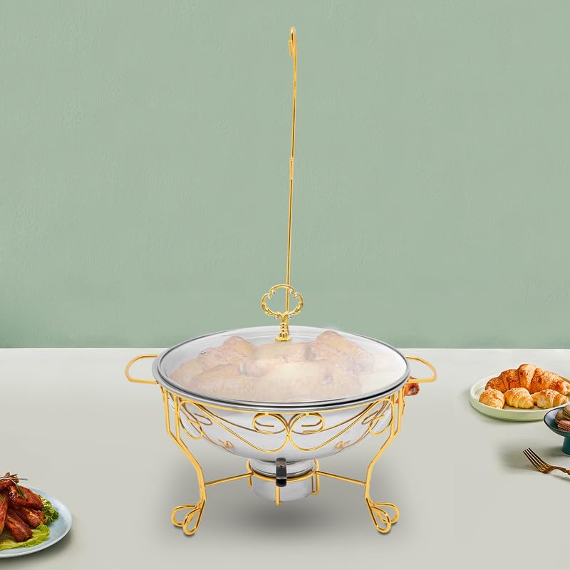 Plato redondo de acero inoxidable de 6 litros con tapa, calentador de alimentos duradero para bufés, catering, bodas y fiestas, retención de calor, asas de fácil agarre, solución elegante para servir