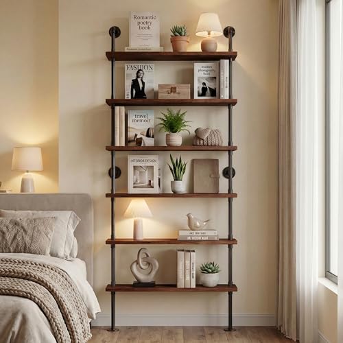 Anynice 6 Tier Industrial Ladder Shelf Bookcase, Wall Mounted Rustic