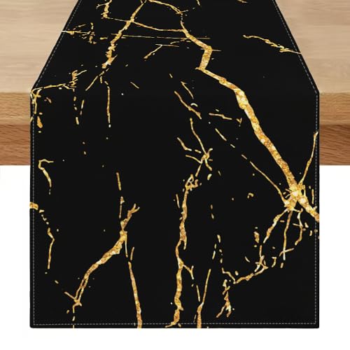 Tischläufer 180x40 Abwaschbar Leinen Tisch Läufer Modern Schwarz Gold Goldene Textur Abstrakte Tischdecke Läufer Frühlings Sommer Kunst Tischdecke für Esszimmer, Kommode, Schlafzimmer