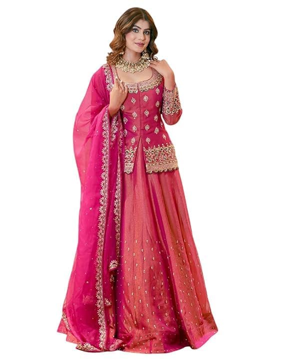 phechan ethnic Women’s Pink Roman Silk Beads & Stone Work Ready To Wear Lehenga Choli Set with Net Dupatta Embroidered Designer Lehenga-picture-12