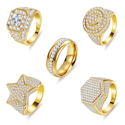 REVOLIA 5Pcs 18K Gold Plated Iced Out Rings Simulated Diamond Bling Pinky Rings for Men Big Star Hip Hop Ring Square CZ Punky Rapper Rings Set Size 6-13