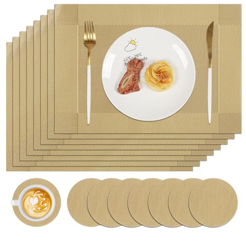 Famibay Juego de 8 manteles individuales y posavasos dorados de Navidad, resistentes al calor, lavables, de plástico, para mesa de comedor