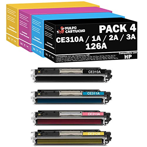 Pulpo Cartucho   Toner CE310A / CE311A / CE312A / CE313A Pack 4 Compatible con HP CE310A / CE311A / CE312A / CE313A / Ref. 126A   Pack 4   Valido para Impresoras Laserjet Pro Color/Topshot Laserjet