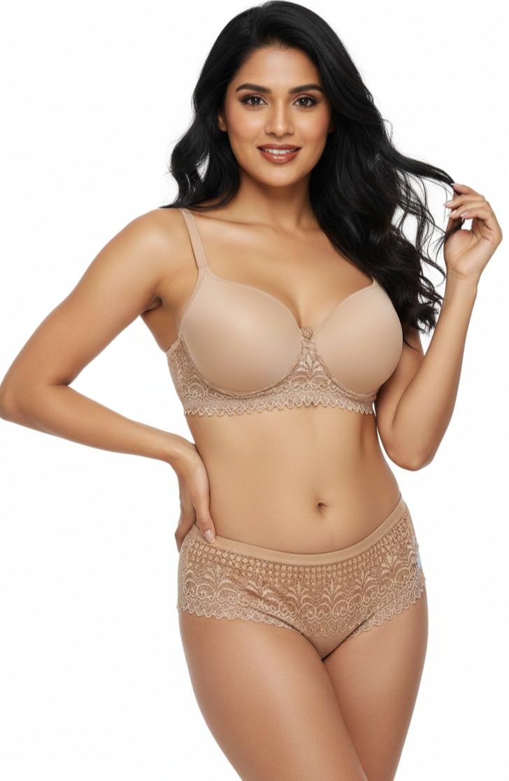 Everyday Comfort Lace Lingerie Set – Padded Plunge Bra with Delicate Lace Wings & Soft Stretch Panty