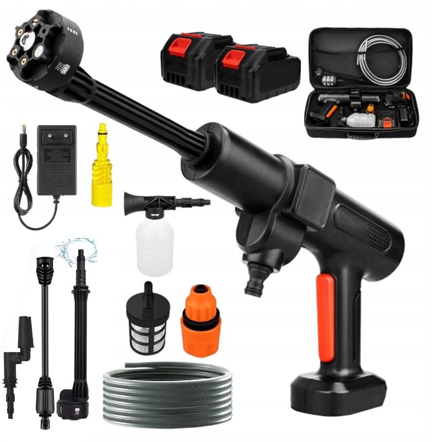 TOPALL Hidrolimpiadora Bateria Portatil,Press & Clean Pistola Lavado,Máximo 45Bar/652PSI,Pistola de Agua a Presión con Batería de 2 * 4.0Ah | Manguera de 8.5M | 6 en 1 Boquilla |Giratoria Boquilla