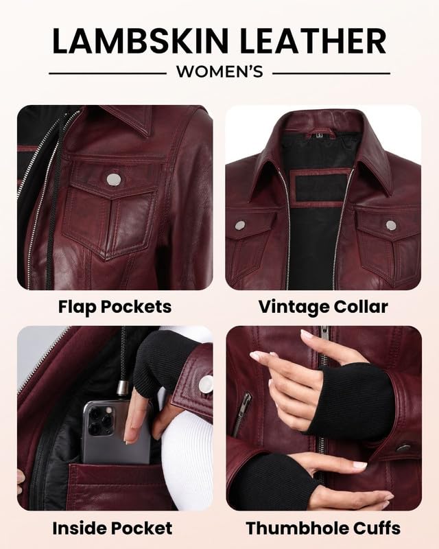 Image of Womens Leather Jacket with Detachable Hood - Real Lambskin Bomber Jacket Thumbholes Women