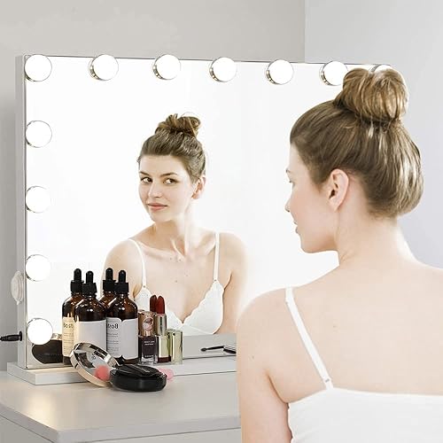CUPPETHOME Espejo de maquillaje con luces lente 10X 228 x 181 pulgadas espejo de tocador iluminado Hollywood con 15 bombillas LED regulables 3 modos