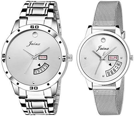 jainx Day and Date Dial Steel Chain Analog Wrist Watch for Couple (Black/Silver/Red/Blue Dial)