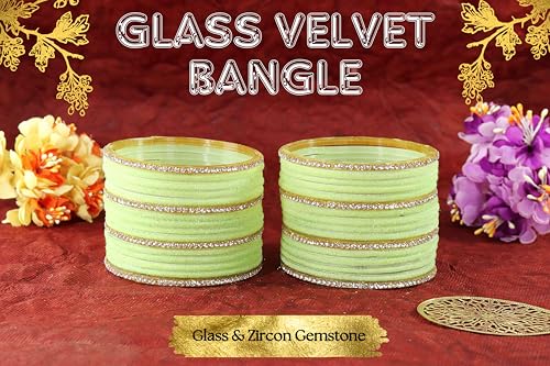 Image of NMII Fancy Glass Golden Zircon Diamond Stone & Velvet Finish Plain Bangles Set For Women & Girls | Glass Velvet Bangles | Kanch ki Chudiyan | Girl's Bangles Bracelet | Fashion Jewellery- Set of 32