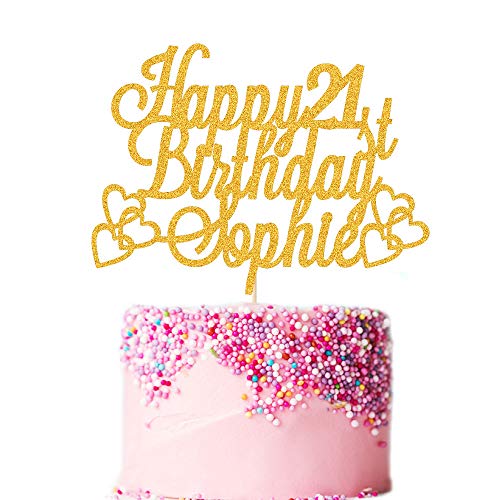 Personalized Happy Birthday Cake Topper | Custom Birthday Cake Decoration with Any Name Any Age 16 18 21 40 60 | Double Sided Glitter Card | Gold