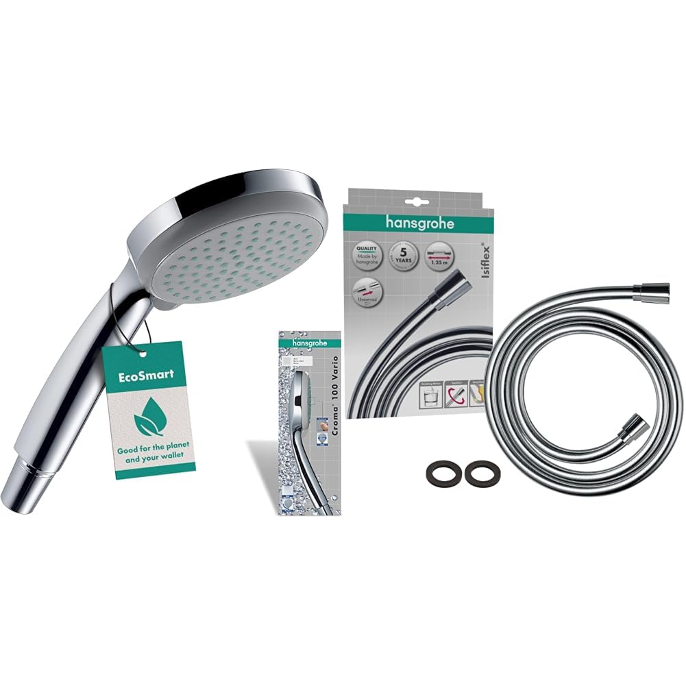 hansgrohe Croma 100 - Pommeau de douche économie d'eau avec 9 l/min, Douchette à main & Isiflex - Flexible de douche universel 1,25 m, tuyau de douche avec protection anti-pliure