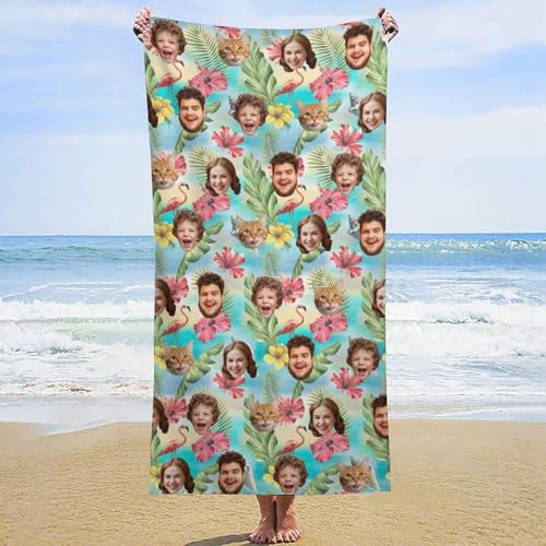 Artsadd Personalized Funny Hawaiian Beach Towels for Adults Kids Custom Microfiber Beach Towel with Photo Face Customized Dog Pet Beach/Bath/Pool Towels for Vacation Sports Swim & Camping