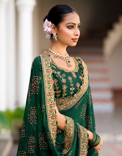 Image of SIRIL Women's Bandhani Printed Georgette Sequence Lace Scalloped Border Saree with Unstitched Blouse Piece