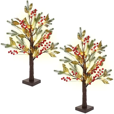 DR.DUDU 2 Pack Christmas Tree Decoration, Small Trees with Lights for Table, 24″ Pre-lit Artificial Christmas Tree Battery Operated with Red Berries Gold Leaves for Xmas Tabletop Indoor Home Decor Cover