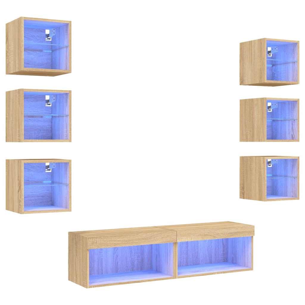8-TLG. Wohnwand Sonoma Roble Holzwerkstoff, Wandmontage RGB-LED-Beleuchtung Stauraum für Wohnzimmer, Medien & Bücher 30x28,5x30cm, Feuchtigkeitsbeständig