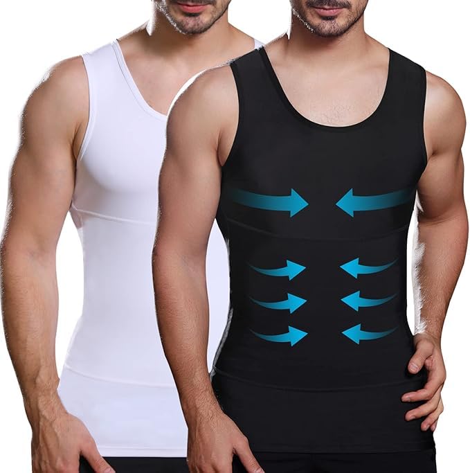 GVV Men’s Slim Fit Compression Tank Top 2-Pack Black & White Body Shaper Vest Gynecomastia Control Undershirt Workout-image-9