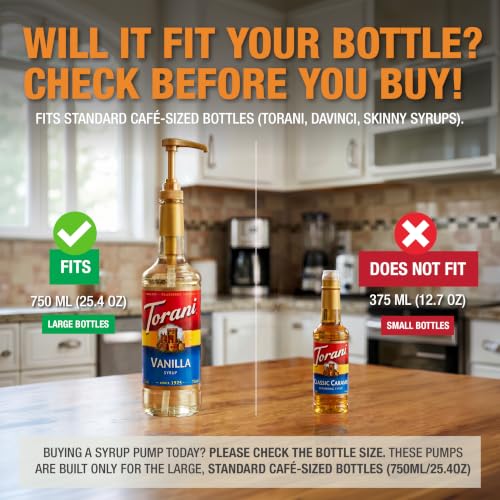 Image of Syrup Pump, Compatible with 750ml Torani, DaVinci & Skinny, 6-Pack, Gold