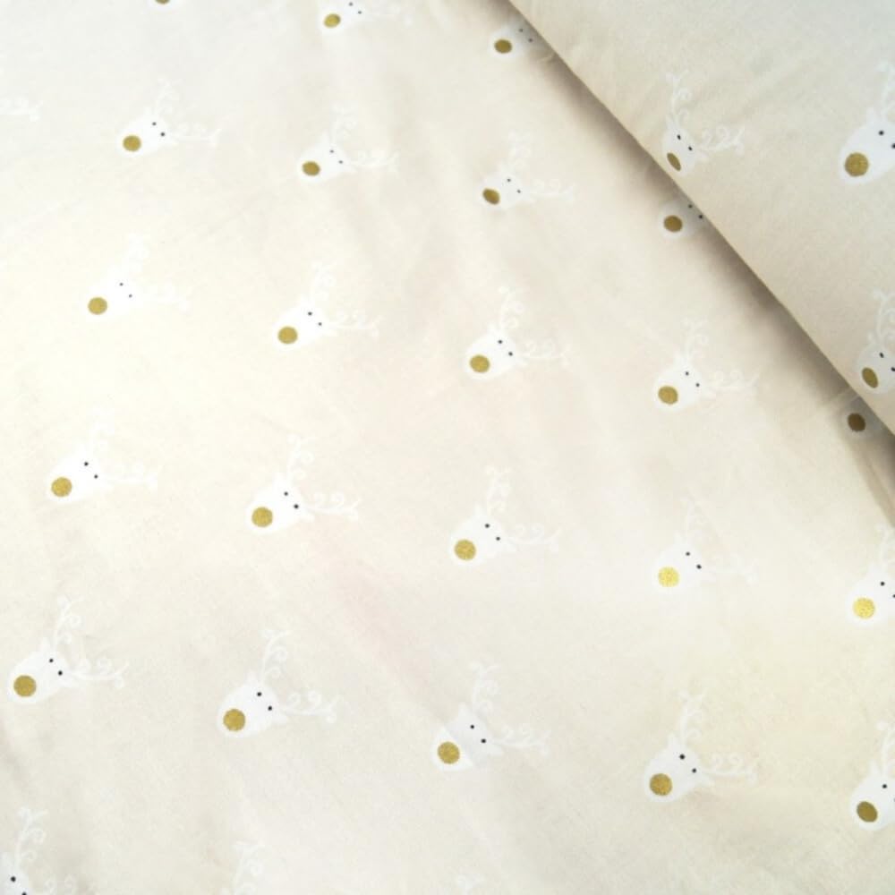Oh Sew Crafty Limited Cream 100% Cotton Fabric Lifestyle Christmas Reindeer Faces Glitter Noses 140Cm Wide (Price Per Metre) (Cream)