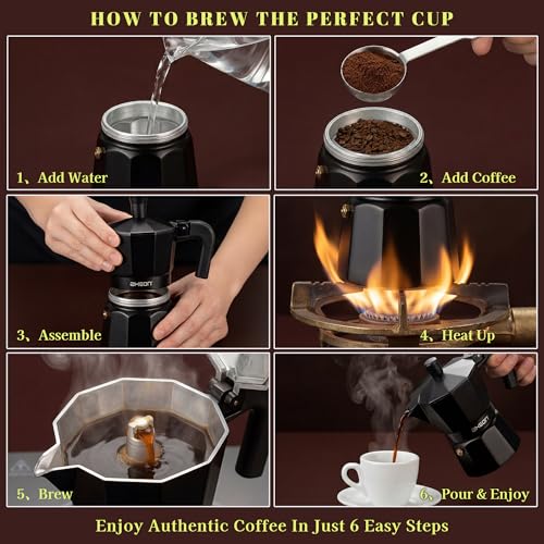 Image of AXEON Classic Moka Pot Espresso Coffee Maker - 120ml | Italian Style Mocha & Cuban Cafe Brewer | Gas & Ceramic Stovetop Compatible | Food-Grade Aluminum with Cool Touch Handle