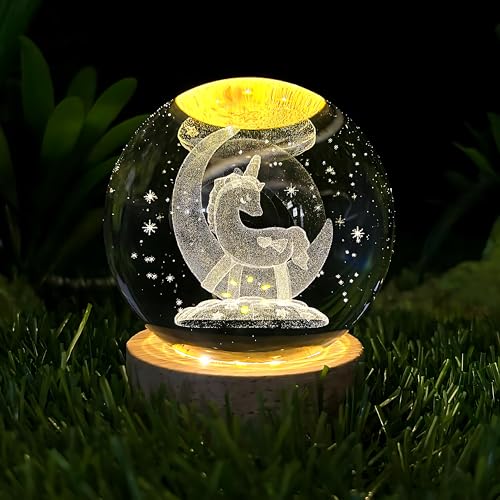 Image of 3D Crystal Ball Night Light with Wooden Base, Aesthetic Clear LED Lamp for Home and Bedroom Touch Switch, Warm Light for Kids and Teens Perfect Birthday & Anniversary (Unicorn)