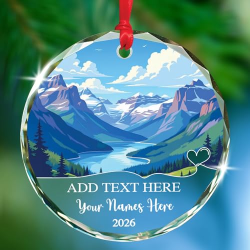 Personalized Text & Names Glacier National Park Glass Ornament, Glacier Landscape Keepsake Christmas Ornament 2026, Montana Mountains Scenery Xmas Tree Decor, Custom Montana Souvenir Keepsake Decor