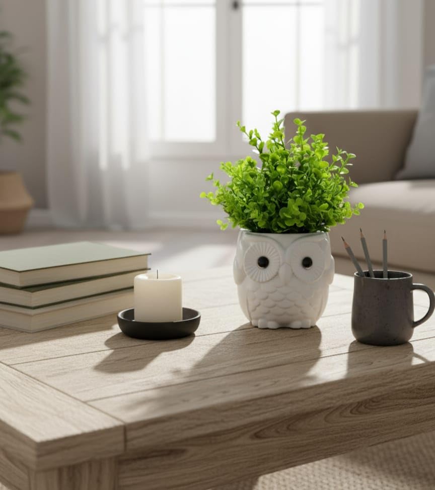 Image of Modern Owl Ceramic Flower Pot with Artificial Greenery | Tabletop Decorative Planter for Home Decor, Office Desk, Bookshelf & Coffee Table