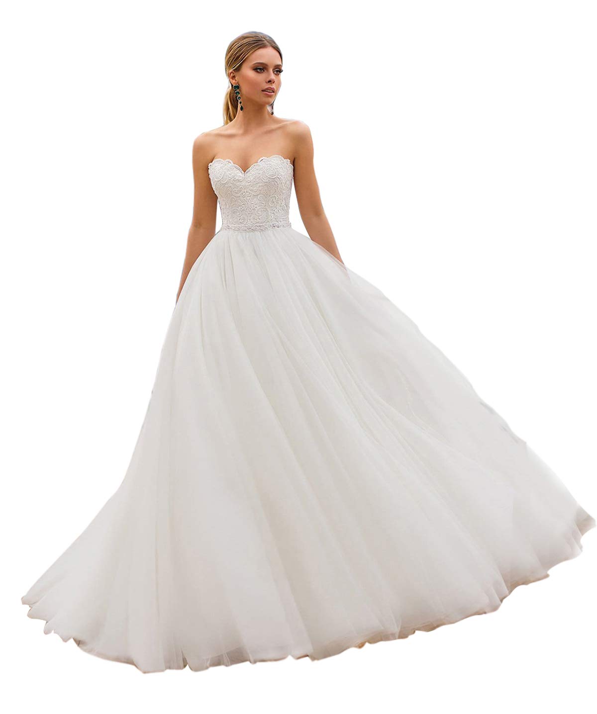 Vestido de Novia de Tul Largo de la Princesa Retro Vestido de Novia sin Tirantes para Hombros Vestido de Novia Elegante para Mujeres, Blanco, 46