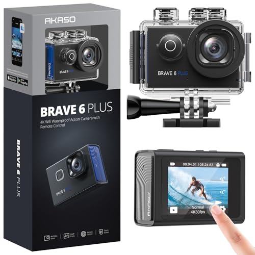 AKASO Brave 6 Plus Native 4K30FPS 20MP WiFi Action Camera with Touch Screen EIS 4X Zoom Voice Control Remote Control 131 Feet Underwater Camera with 2X 1350mAh Batteries and Helmet Accessories Kit