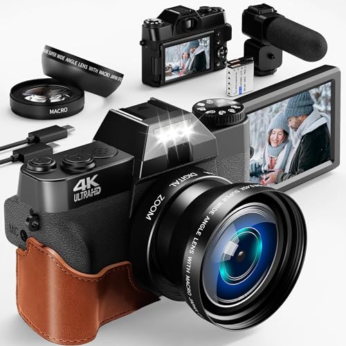 4K Digitalkamera, 56MP Fotokamera mit 180° Flip 3.0' Bildschirm, mit Weitwinkel+Macro Linse, 32G TF Karte 3.0' Kompaktkamera 180° Flip Bildschirm (4K+WiFi+MIC+Ledertasche)