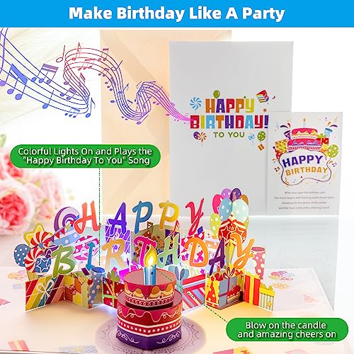 Gumry Musical Pop Up Birthday Cards, 2023 New Large 3D Blowable Led Light Birthday Cake Popup Cards With Happy Birthday Music, Colourful Greeting Cards For Women Men Kids Husband Wife Mom Dad Daughter #TOP2