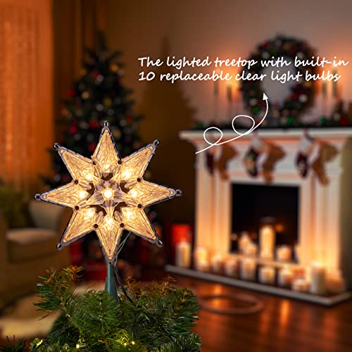 11” Christmas Star Tree Topper Retro Acrylic Octagram Star Treetop Built In 10 Bulbs Octagram Star Topper Plug In Green Cord (4 Bulbs 1 Fuses Spare) For Christmas Tree Decorations,Clear #TOP2