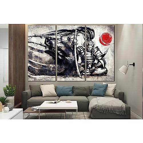 Samurai Sits In A Meditative Pose ZELLART tableau triptyque japonais grand format 3 panneaux