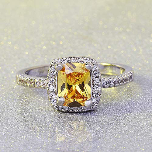 925 Sterling Silver Canary Yellow Halo Square AAA Cubic Zirconia Ring Solitaire Brilliant Princess Cut Citrine Ring Cushion Cut Statement Engagement Ring for Women4