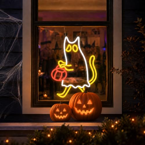 Image of Ghost Cat Neon Sign Halloween Neon Light for Wall Decor | Pumpkin Neon Signs USB Powered LED Neon Light for Halloween bedroom Kids Room Bar Club Decor