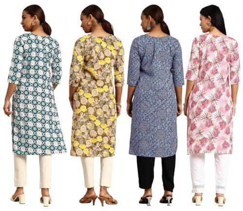Image of JAKHANA Women's Crepe Printed Casual Straight Calf Length Round Nick Kurta Pack of 4