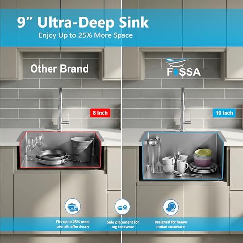 Image of Fossa Aqua 22 inchx18 inchx09 inch Inch Single Bowl Handmade Kitchen Sink 25-Year Warranty AISI 304 Stainless Steel, 2.2mm Thickness, Includes Colander, Coupling & Waste Pipe Set Silver (Matte finish)