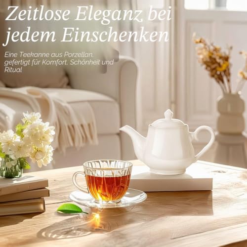 Flexzion Porzellan-Teekanne Mit Deckel - Persönliche Keramik-Kanne für 2-3 Tassen, 680 ml, Reinweiß - Mikrowellen- und Spülmaschinenfest – Ansicht 2