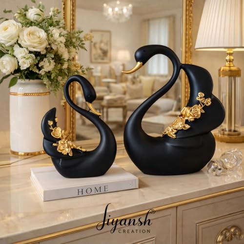 Image of JIYANSH Creation Duck Swan Pair Figurine - Feather Design Black Sculpture for Home Decor Living Room Table - Antique Showpiece Pack of 1 (Black Swan)