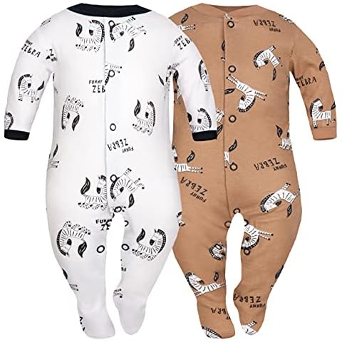 Sibinulo Infant Newborn Baby Boys and Girls Sleepsuits with Feet for Toddler Bodysuit 100% Eco Cotton Pack of 2 White and Brown Zebra 0-3 Months Cover