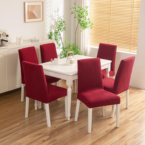 Image of HOMETHREADS Elastic Jacquard Chair Cover - Stretchable, Removable & Washable Short Dining Chair Slipcover | Durable Seat Protector for Kitchen, Dining Room & Banquet Chairs (Maroon, Pack of 2)