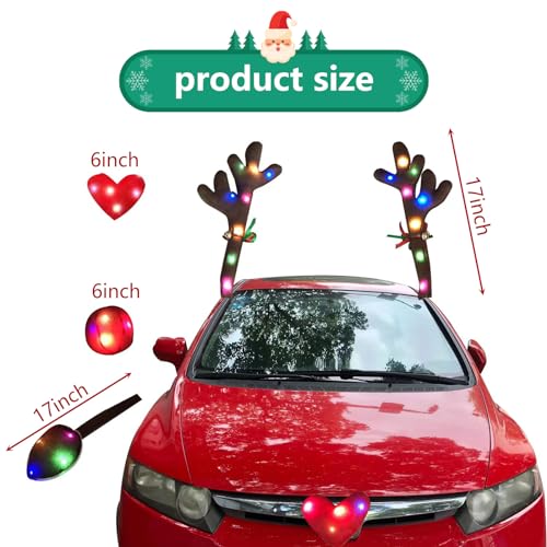 Ajxn 4 PCS Car Christmas Colored LED Light-up Antlers, Reindeer Antlers Tail Nose Soft Cute Decoration Kit with Jingle, Christmas Roof Grille Decoration, Universal Trim for Most Cars (Brown & Red)