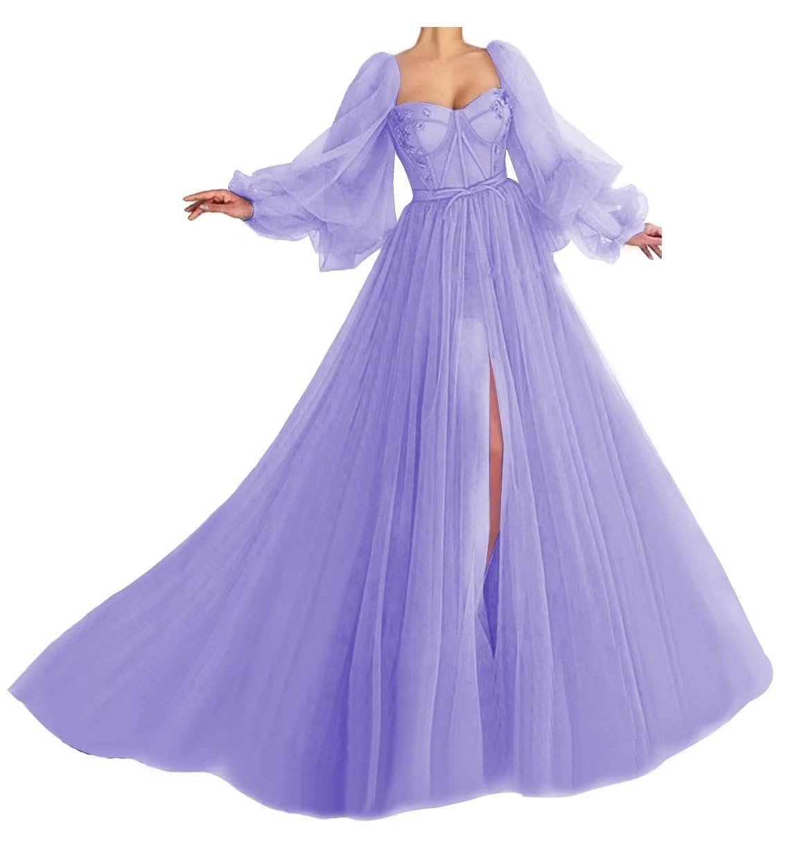 Yiann Women's Lavender Plus Size Puffy Sleeve Prom Dress Ball Gown Tulle Sweetheart Wedding Formal Evening Gowns With Split Uk26