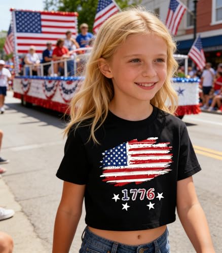 Image of Tkria Girl Crop Tops July 4th Crewneck Tshirt American Flag Patriotic USA Flag Girls Outfit Clothes Size 6-14