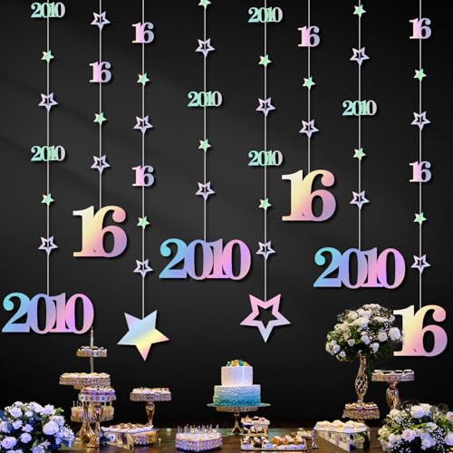 Image of Eucutur Iridescent Sweet 16 Party Decorations for Girls Boys, Pre-Strung Glitter Twinkle Number Vintage 2010 16 Years Old Hanging Streamer Banner Party Supplies, Happy 16th Birthday Gifts Decor