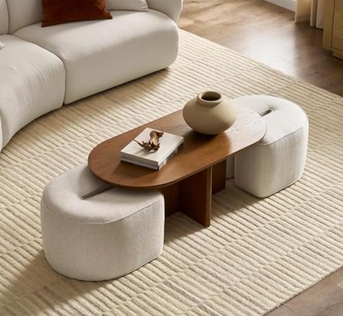 Image of Mango Wood Coffee Table with 2 Stools for Home | Oval Centre Table with Seating Stools | Space Saving Patio Tables with Two Upholstered Puffy Ottoman for (Natural Teak)