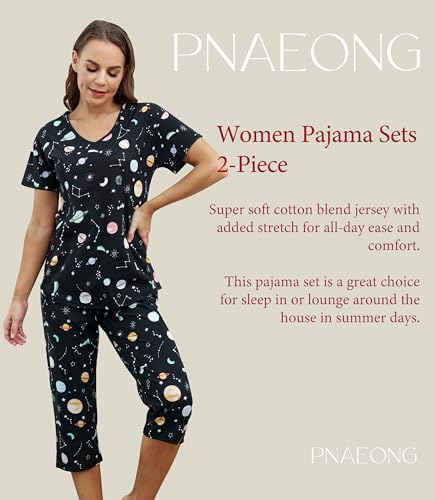 Image of PNAEONG Women Pajama Set Sleepwear Tops with Capri Pants Casual and Fun Prints Pajama Sets
