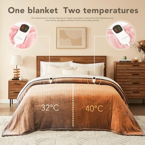 Image of Homemate Electric Heated Blanket Full Size - 72 inchx84 inch Heating Bed Blankets Throw with 8 Hours Auto Off 10 Heating Levels Fast Heating Over-Heated Protection Soft Warm Flannel Bed ETL Certified Pink
